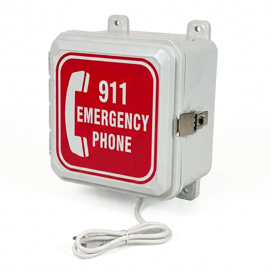 A Communications outdoor emergency pool phone 911 only 4G cellular call box with direct power cord in weatherproof enclosure