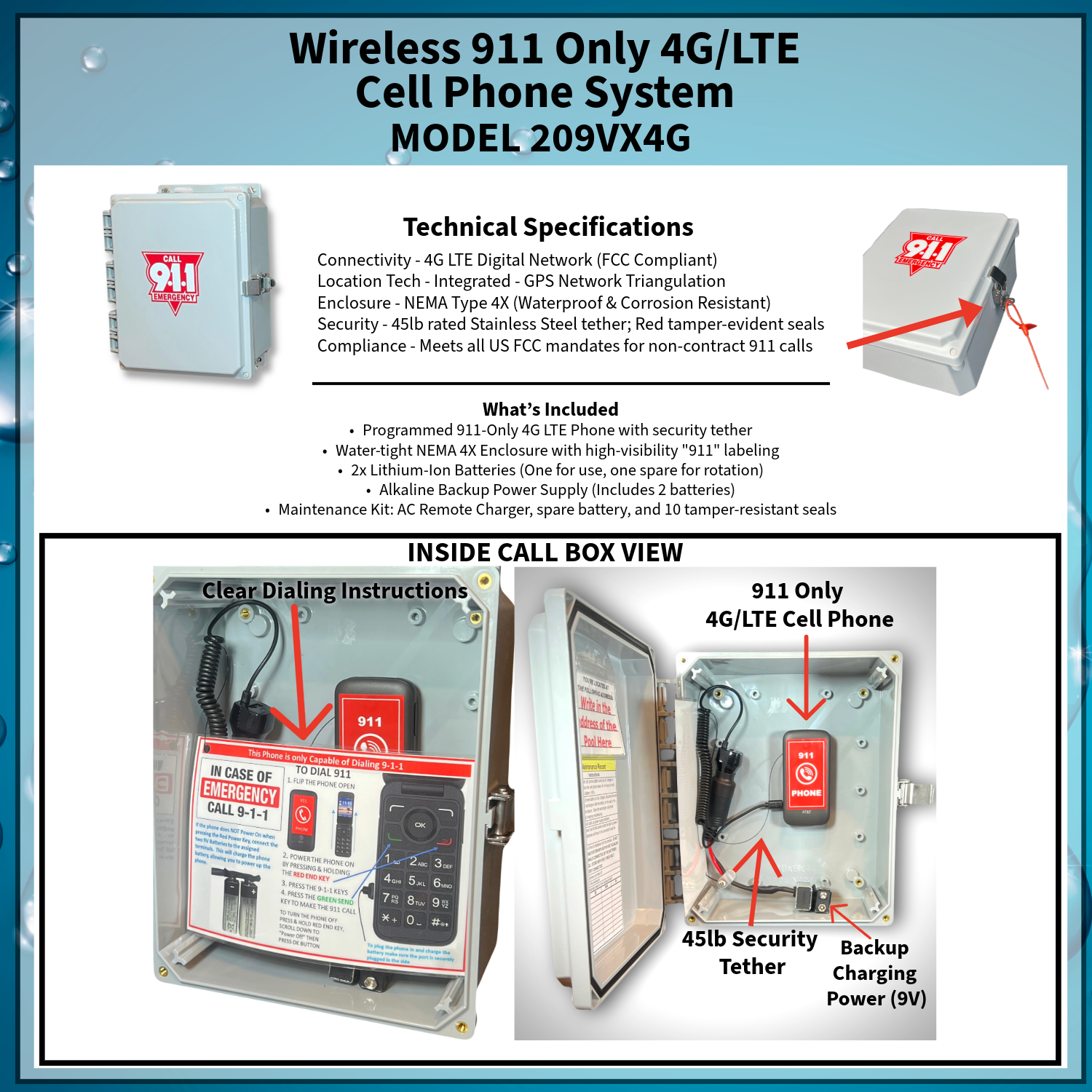 209VX4G - Wireless 911 Only Cell Phone System Built in Battery Backup Pool Phone