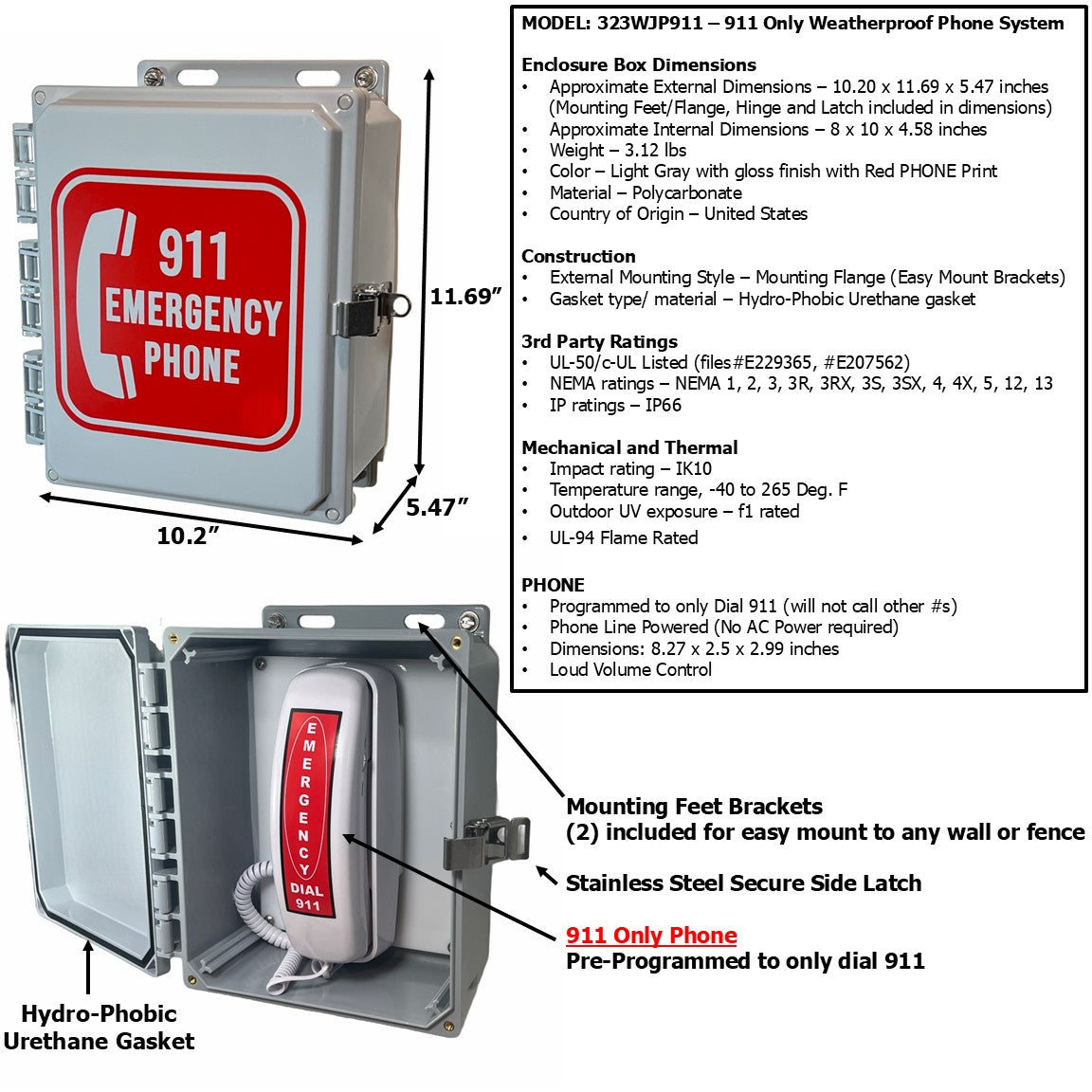 323WJP911 Emergency 911 Only Phone Keypad System Analog