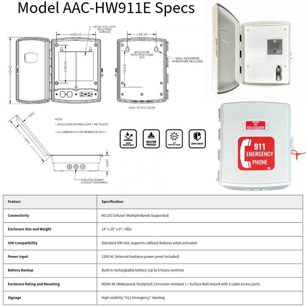 AAC-HW911E Hardwired 4G LTE Outdoor Emergency Auto-Dial 911 Phone Box System
