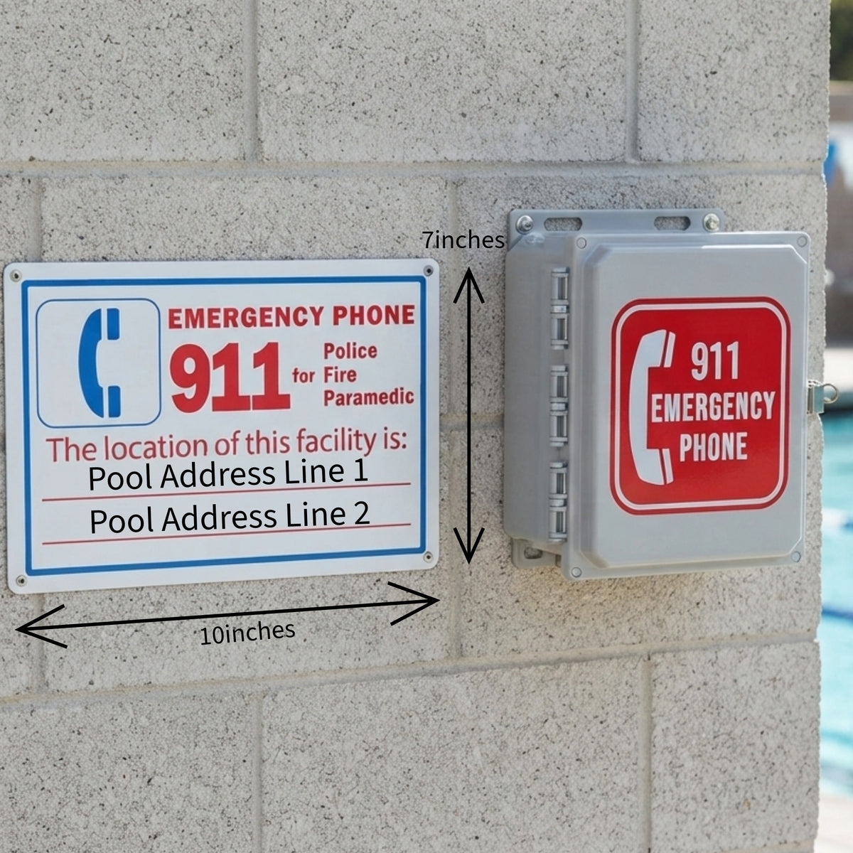 Custom Pool Emergency Phone Sign | 10" x 7" Weatherproof 911 Facility Address Sign