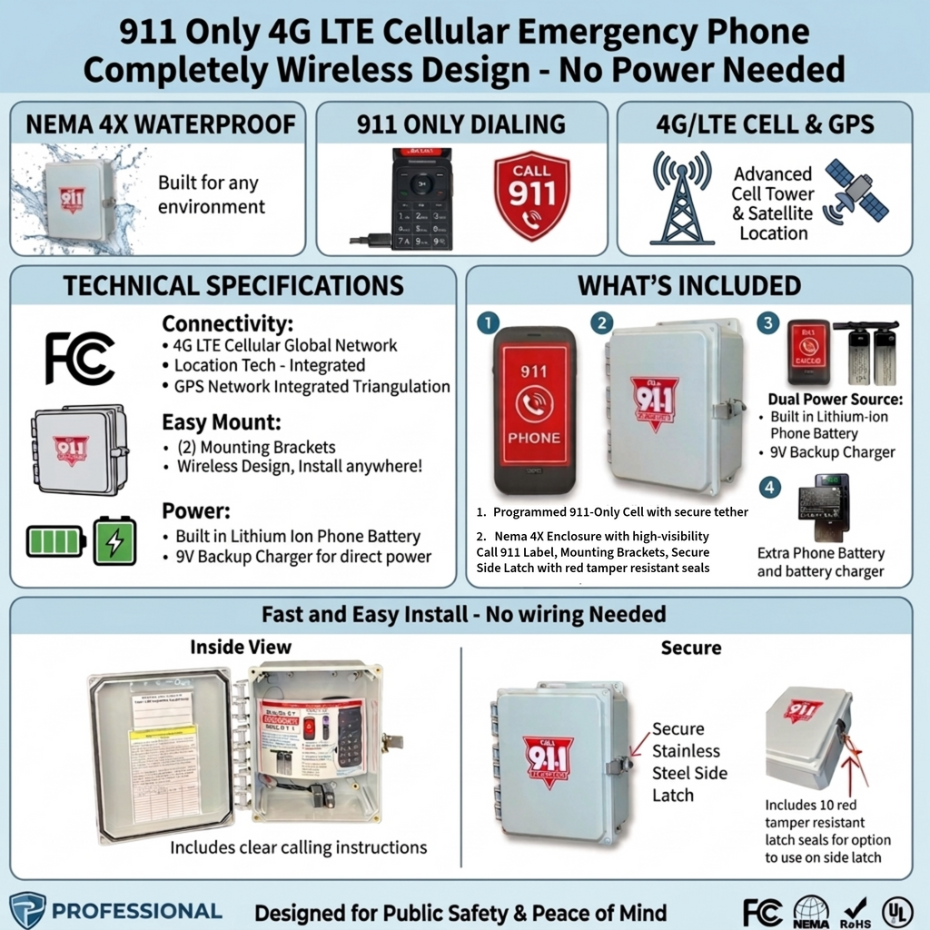 Public Pool Wireless 4G LTE Emergency Phone Self-Powered 911 Call Box