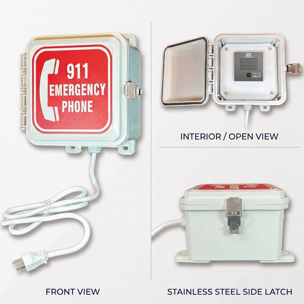 AA Communications outdoor emergency 911 pool phone multi-angle view showing front closed enclosure, open interior button, and stainless steel side latch