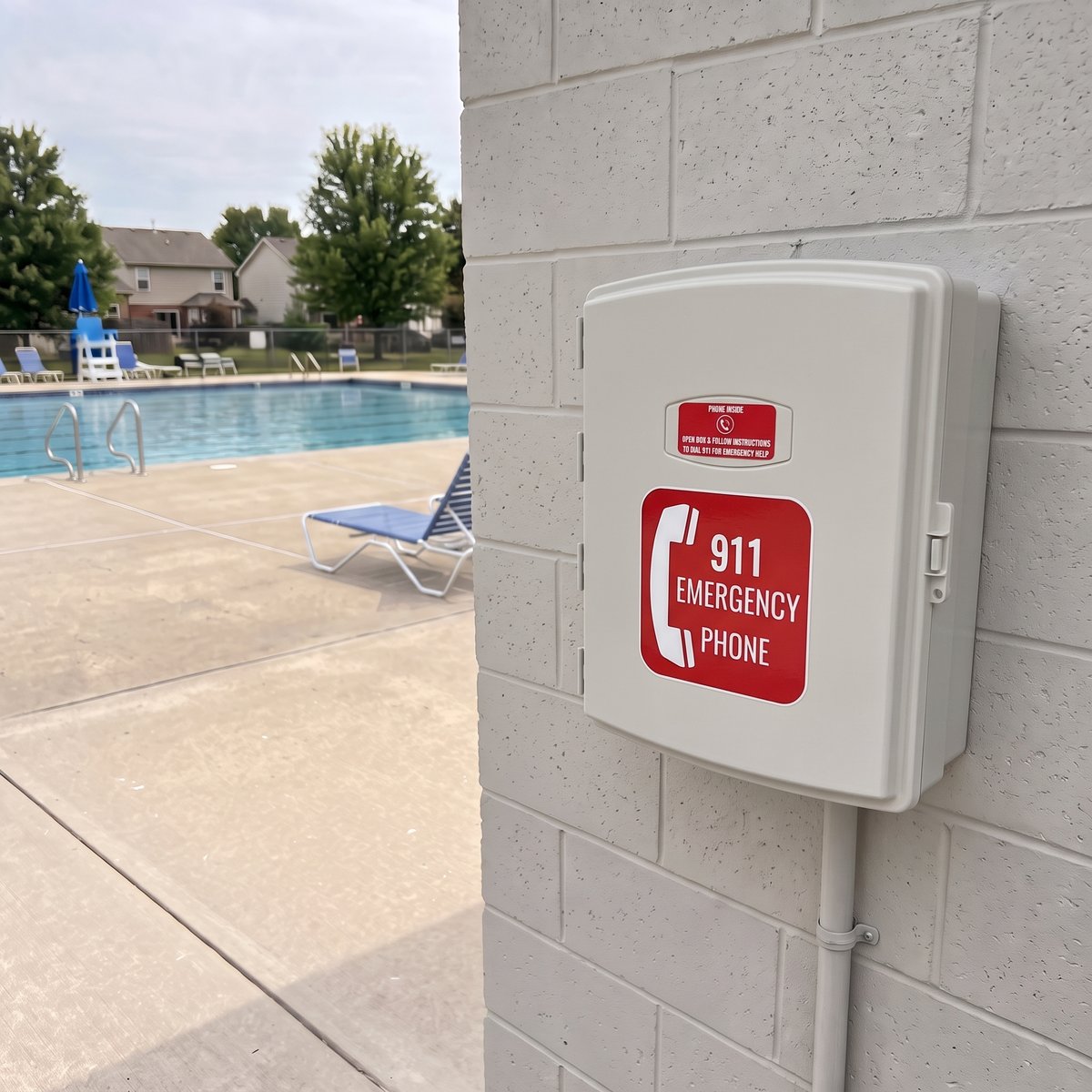 AA Communications Weatherproof 911 emergency phone box mounted on a brick wall next to an outdoor swimming pool