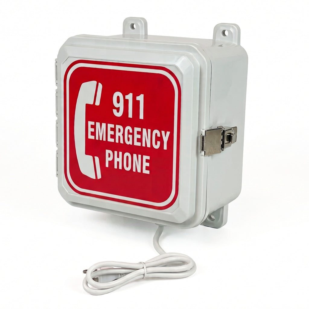 A Communications outdoor emergency pool phone 911 only 4G cellular call box with direct power cord in weatherproof enclosure